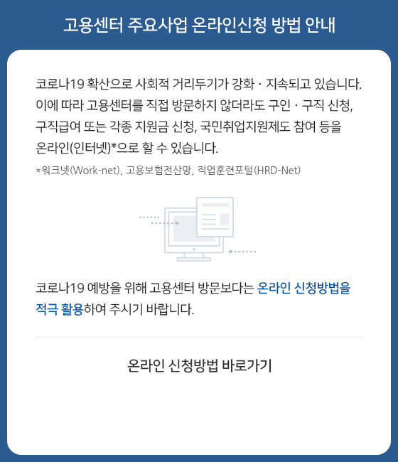 고용센터 주요사업 온라인 신청방법 안내. 코로나19 확산으로 사회적 거리두기가 강화, 지속되고 있습니다. 이에 따라 고용센터를 직접 방문하지 않더라도 구인, 구직신청, 구직급여 또는 각종 지원금 신청, 국민취업지원제도 참여 등을 온라인(워크넷(Work-net), 고용보험전산망, 직업훈련포털(HRD-Net))으로 할 수 있습니다. 코로나19 예방을 위해 고용센터 방문보다는 온라인 신청방법을 적극 활용하여 주시기 바랍니다. 온라인 신청방법 바로가기.